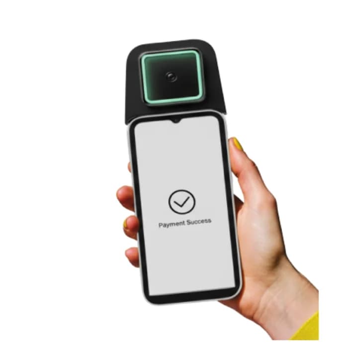 BioWavePass AirOne held in hand, screen displaying a Payment Success confirmation after a palm vein scan.