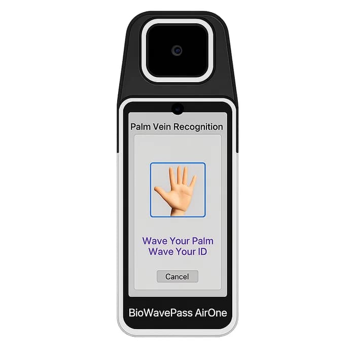 BioWavePass AirOne handheld palm vein terminal, showing its Palm Vein Recognition wave-to-verify screen.
