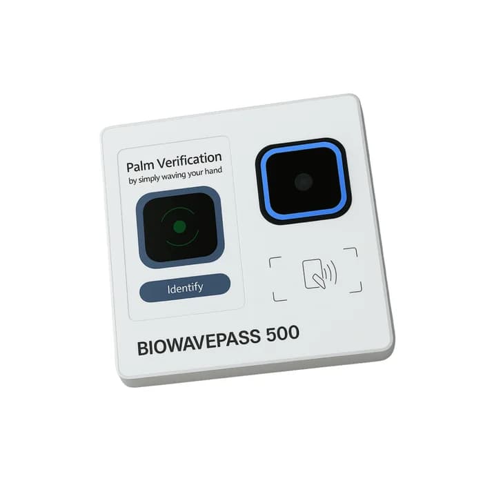 BioWavePass500 palm vein scanner and payment terminal, showing the Palm Verification window and NFC reader.